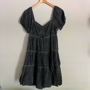 Lucky Brand Mini Tiered Eyelet Dress Charcoal Gray Large Front Tie Western Short